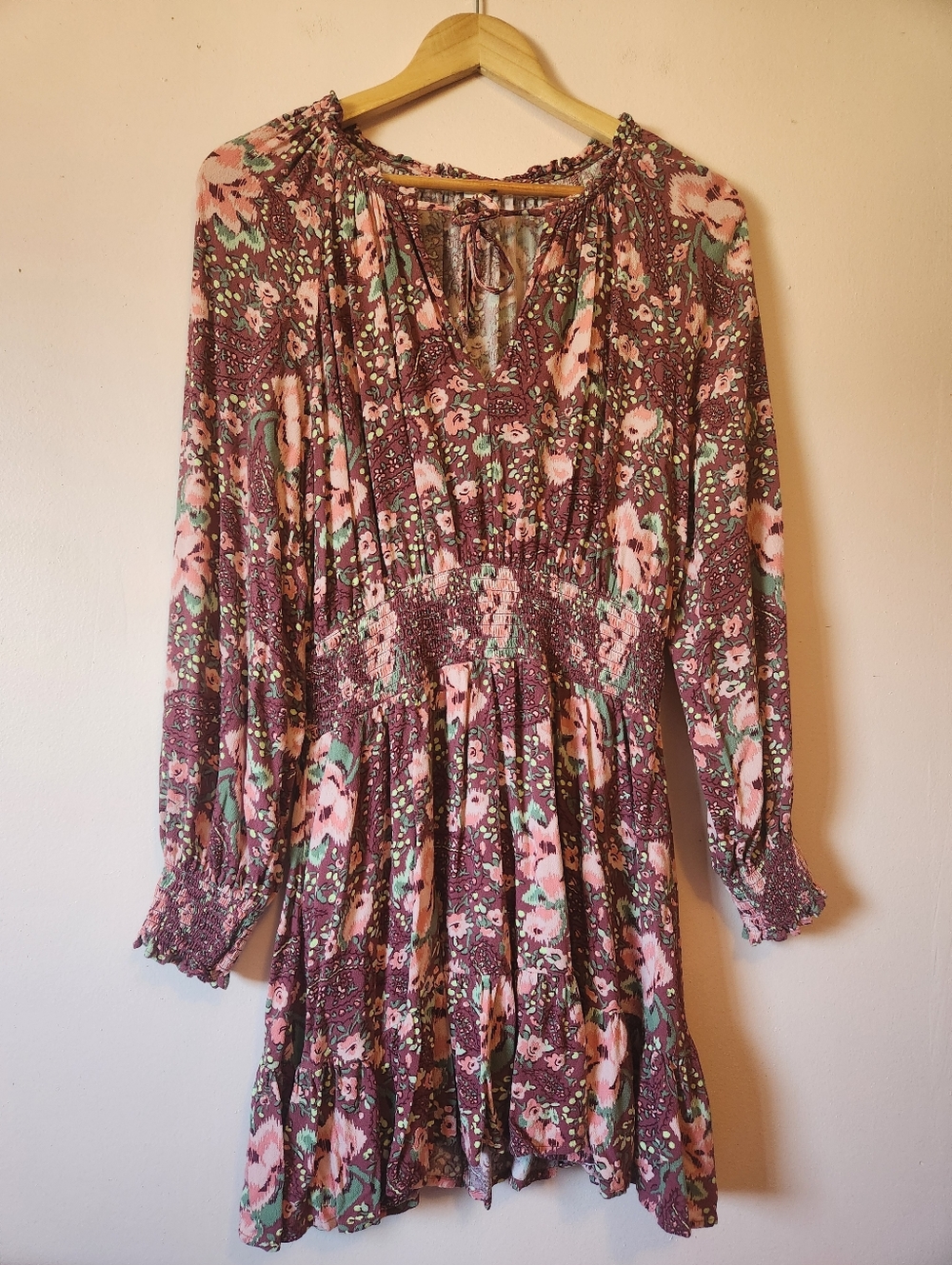 Aerie Floral Smocked Mini Dress Long Sleeve V-Neck Boho Cottagecore Burgundy M